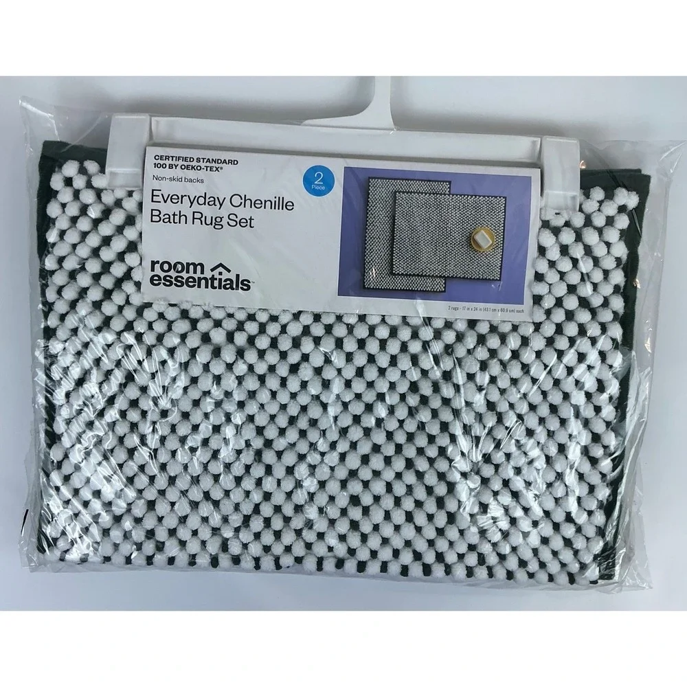 Room Essentials Everyday Chenille Bath Rug Set‎ 2 Piece Green White New